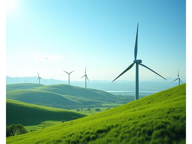 A modern wind turbine farm stretching into the distance over green Irish hills, symbolizing clean energy generation.