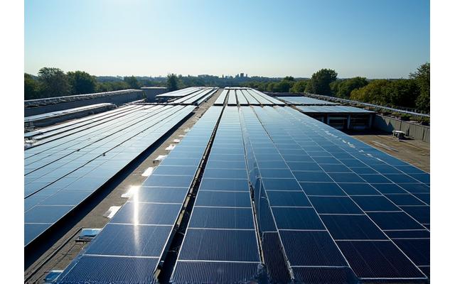 Large solar panel array on the roof of a commercial building